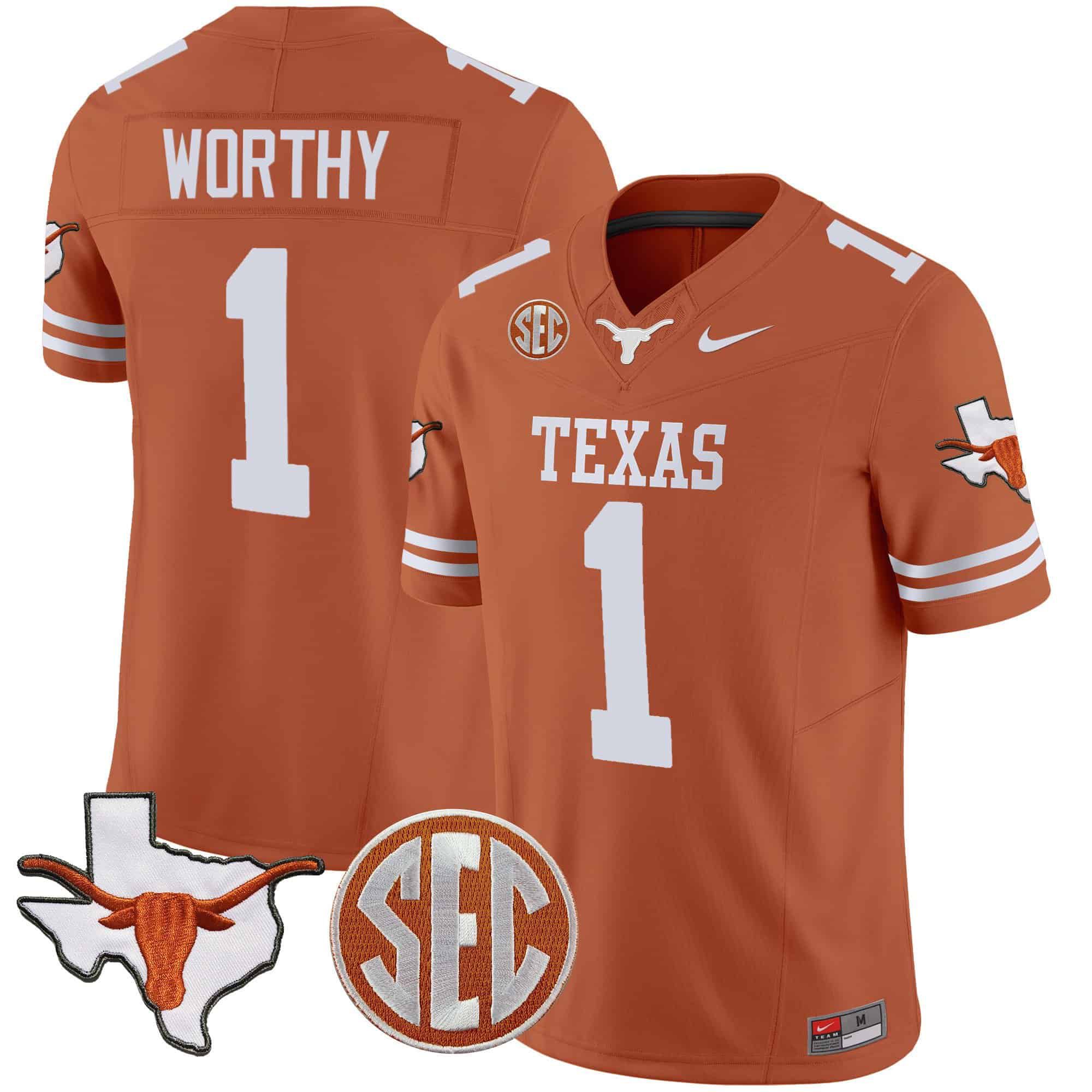 Men Texas Longhorns #1 Worthy Orange 2024 Nike State Map & SEC Patch Vapor NCAA Jersey style 1